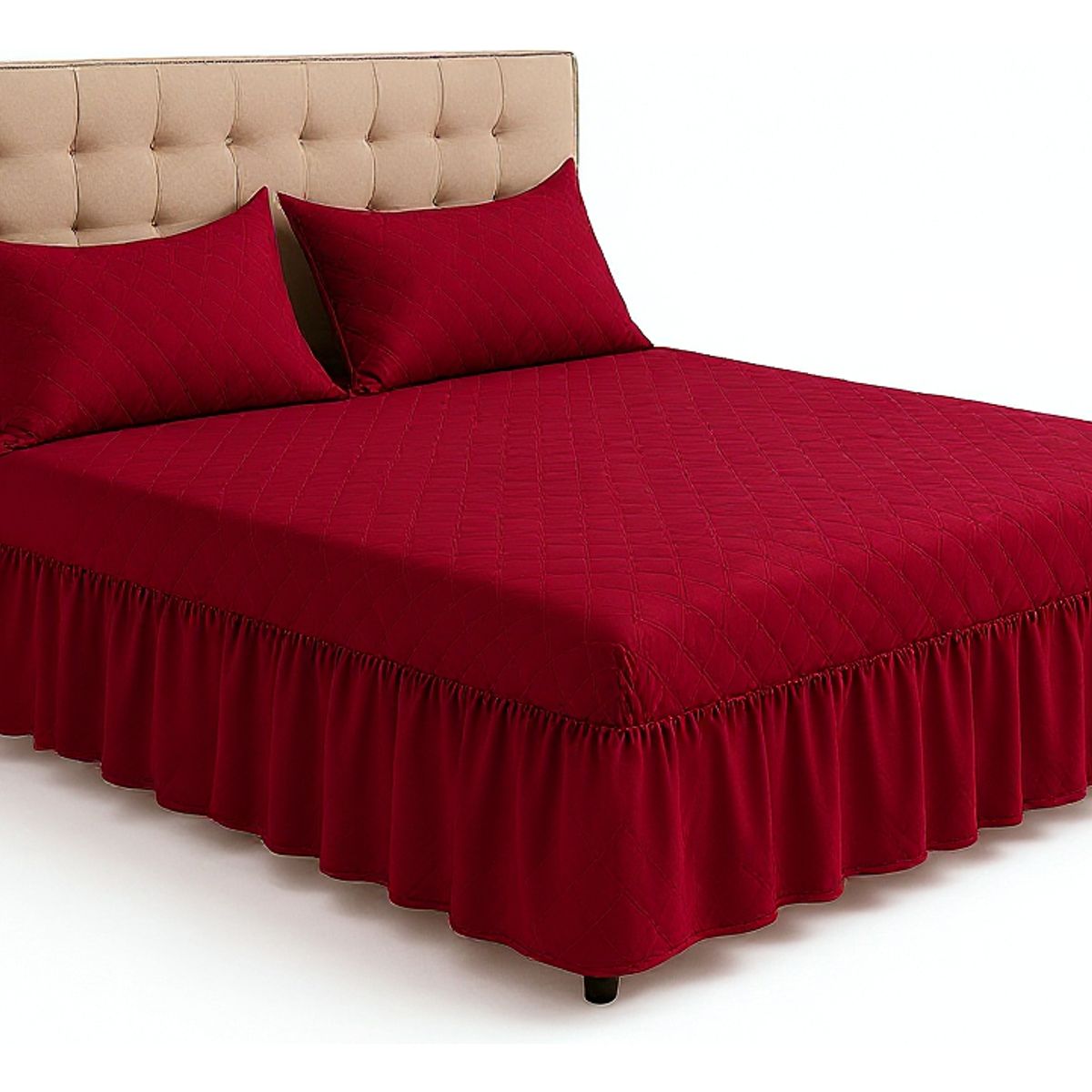 GENERICO - Faldón Doble Burdeo Cama 1.5 Plazas +  Funda Lisa