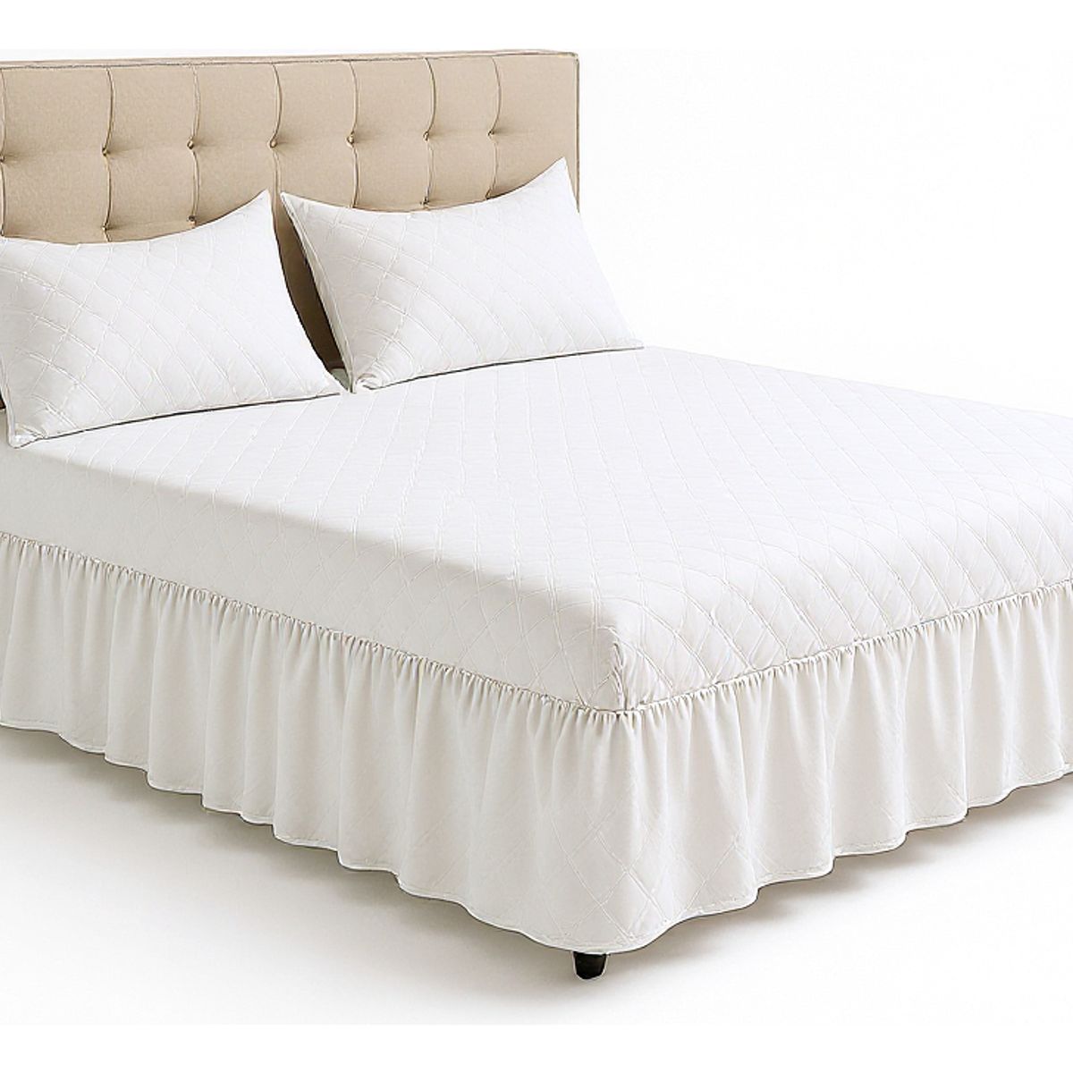 GENERICO - Set Faldón Doble Blanco  1.5 Plazas + Funda Lisa