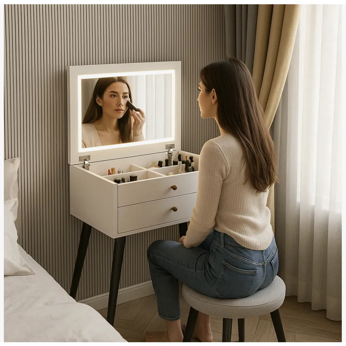 HOMER DESIGN - Tocador Plegable Melamina Luz 50x40x78cm Estilo Velador