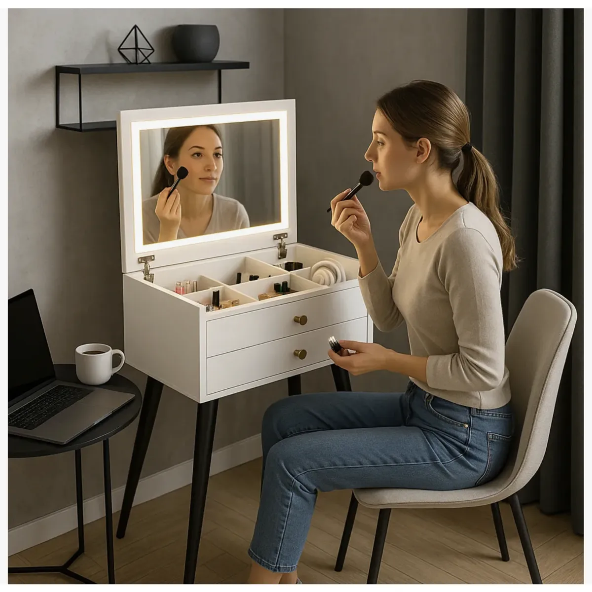 HOMER DESIGN - Tocador Plegable Melamina Luz 50x40x78cm Estilo Velador