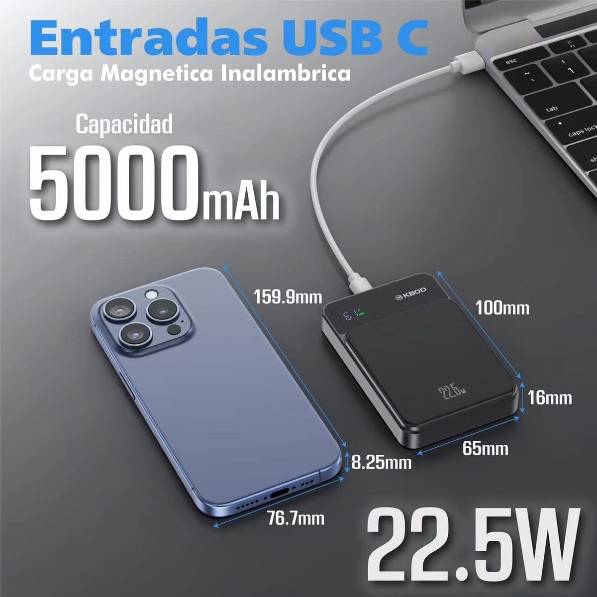 KBOD - Batería Power Bank Magnética 5000mah Con Magsafe Kbod PW-10 Negro