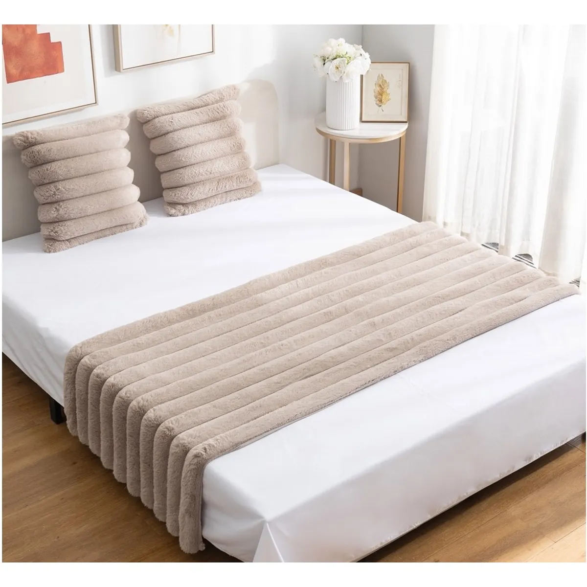 ALMA & DECO - Set Piecera Premium + 2 Fundas Cojín Piel Conejo Canelón Coffe