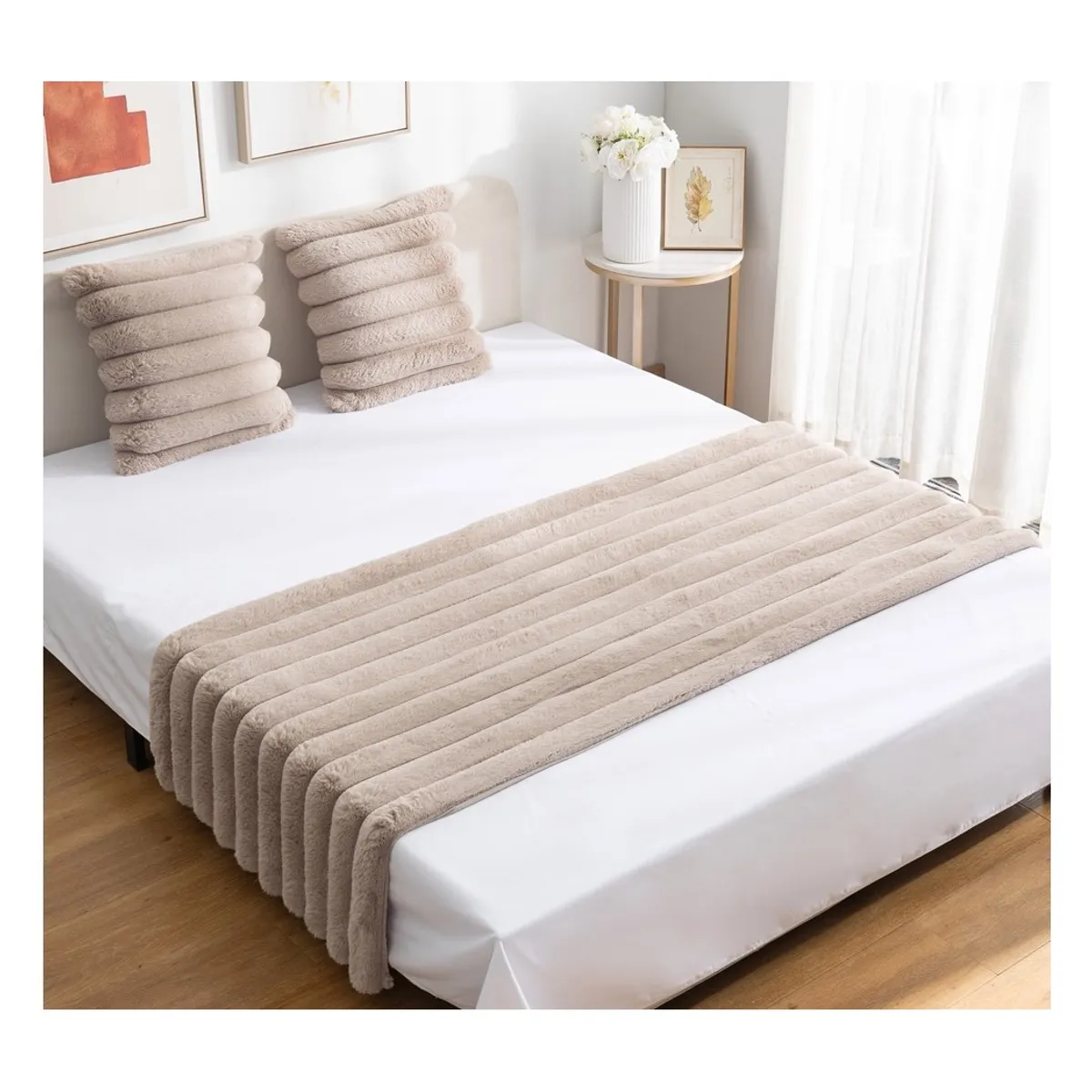 ALMA & DECO - Set Piecera Premium + 2 Fundas Cojín Piel Conejo Canelón Coffe