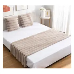 ALMA & DECO - Set Piecera Premium + 2 Fundas Cojín Piel Conejo Canelón Coffe