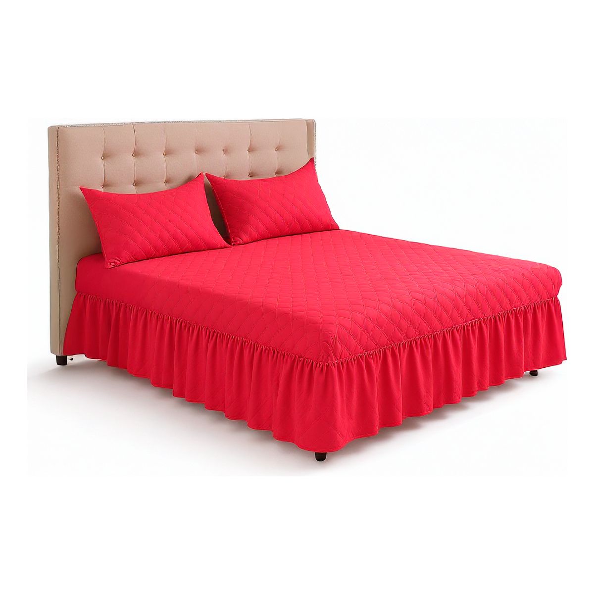 GENERICO - Juego de Faldón Doble Rojo Cama 1.5 Plazas +  Funda Lisa