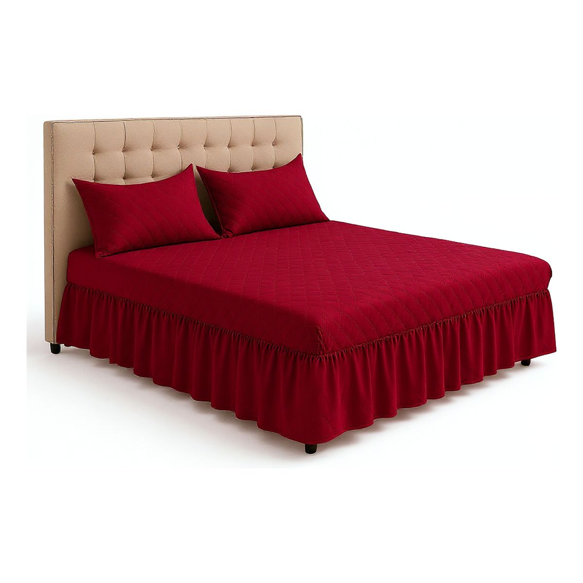 GENERICO - Juego de Faldón Doble Burdeo Cama 1.5 Plazas +  Funda Lisa