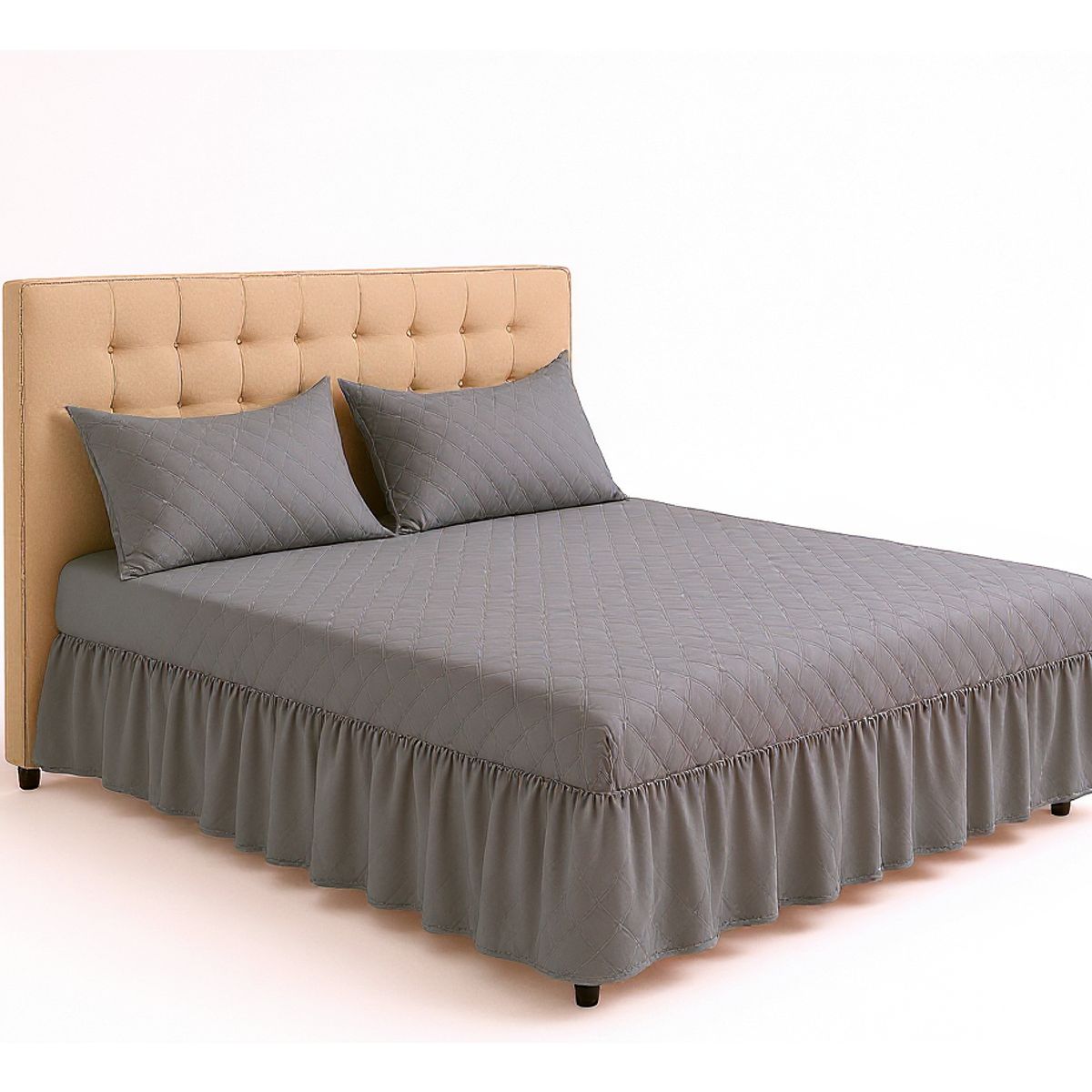 GENERICO - Juego de Faldón Doble Gris Acolchado Cama 1.5 Plazas +  Funda