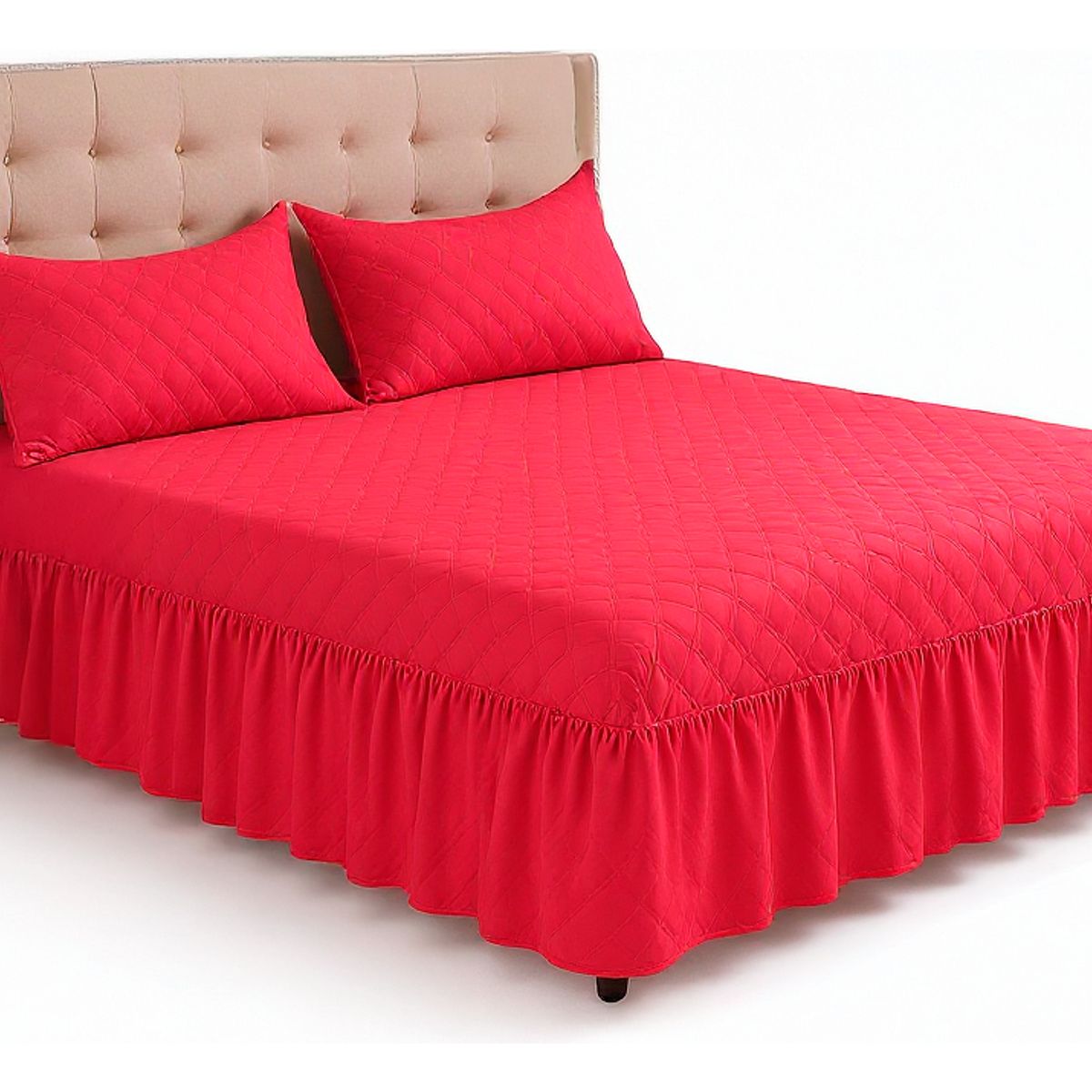 GENERICO - Juego de Faldón Doble Rojo Cama 1.5 Plazas +  Funda Lisa