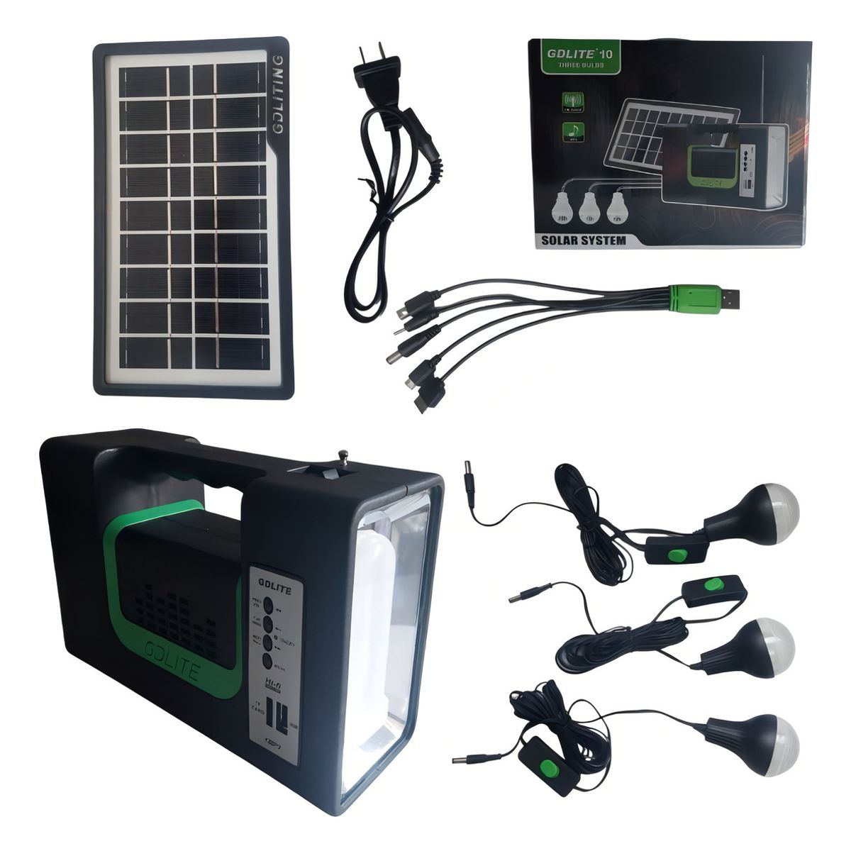 GENERICO - Kit Emergencia Camping Solar 3 Ampolletas Linterna+radio Mp3 Color Negro