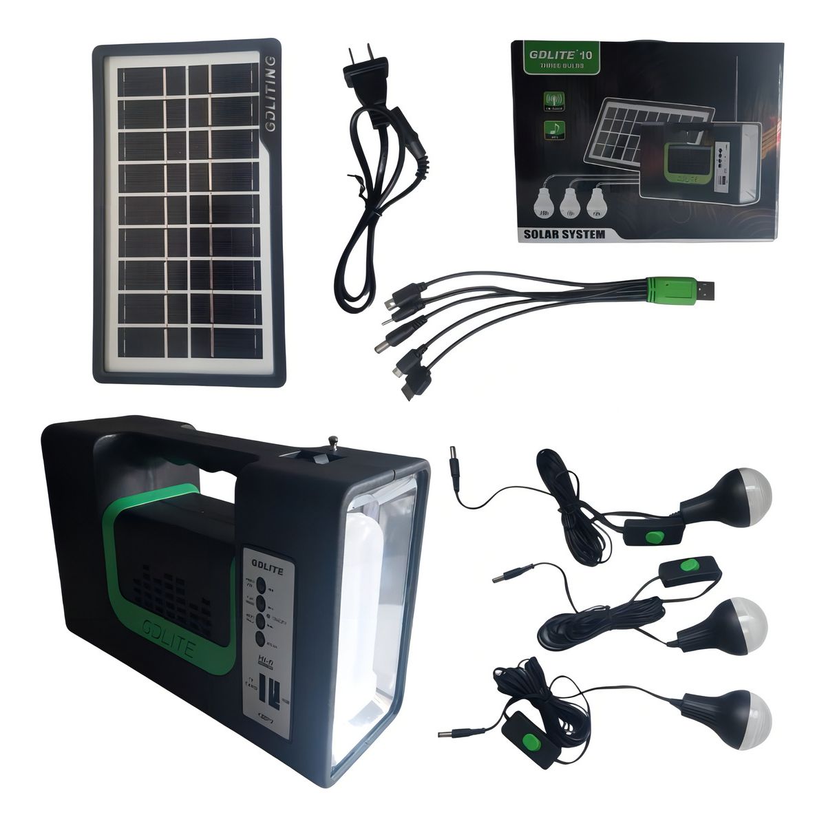 GENERICO - Kit Emergencia Camping Solar 3 Ampolletas Linterna+radio Mp3 Color Negro