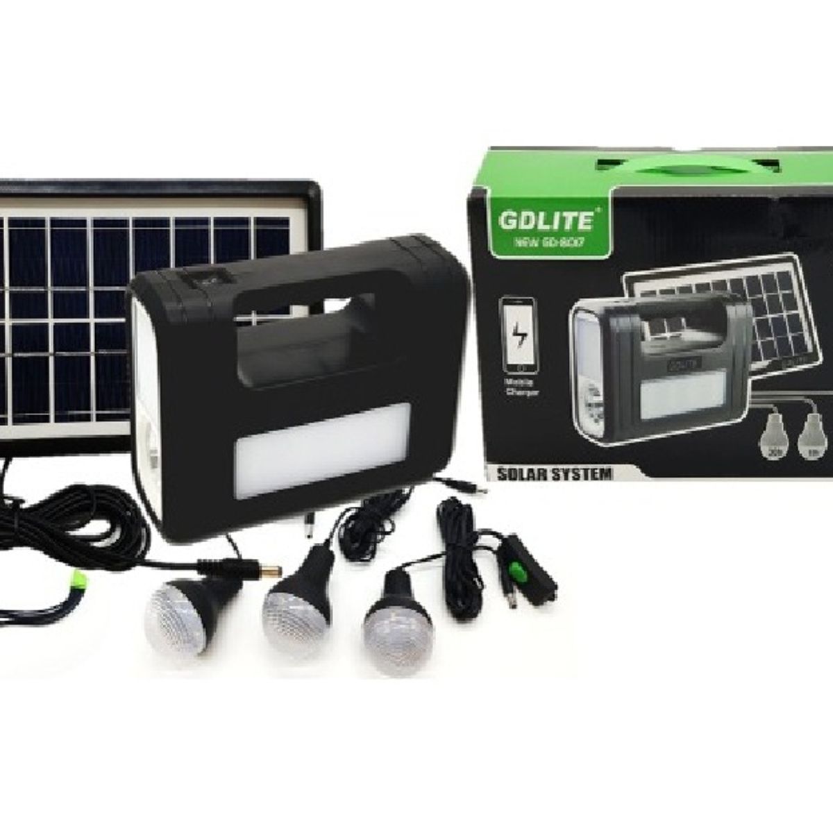 GENERICO - Kit Emergencia Camping Solar 3 Ampolletas Linterna+radio Mp3 Color Negro