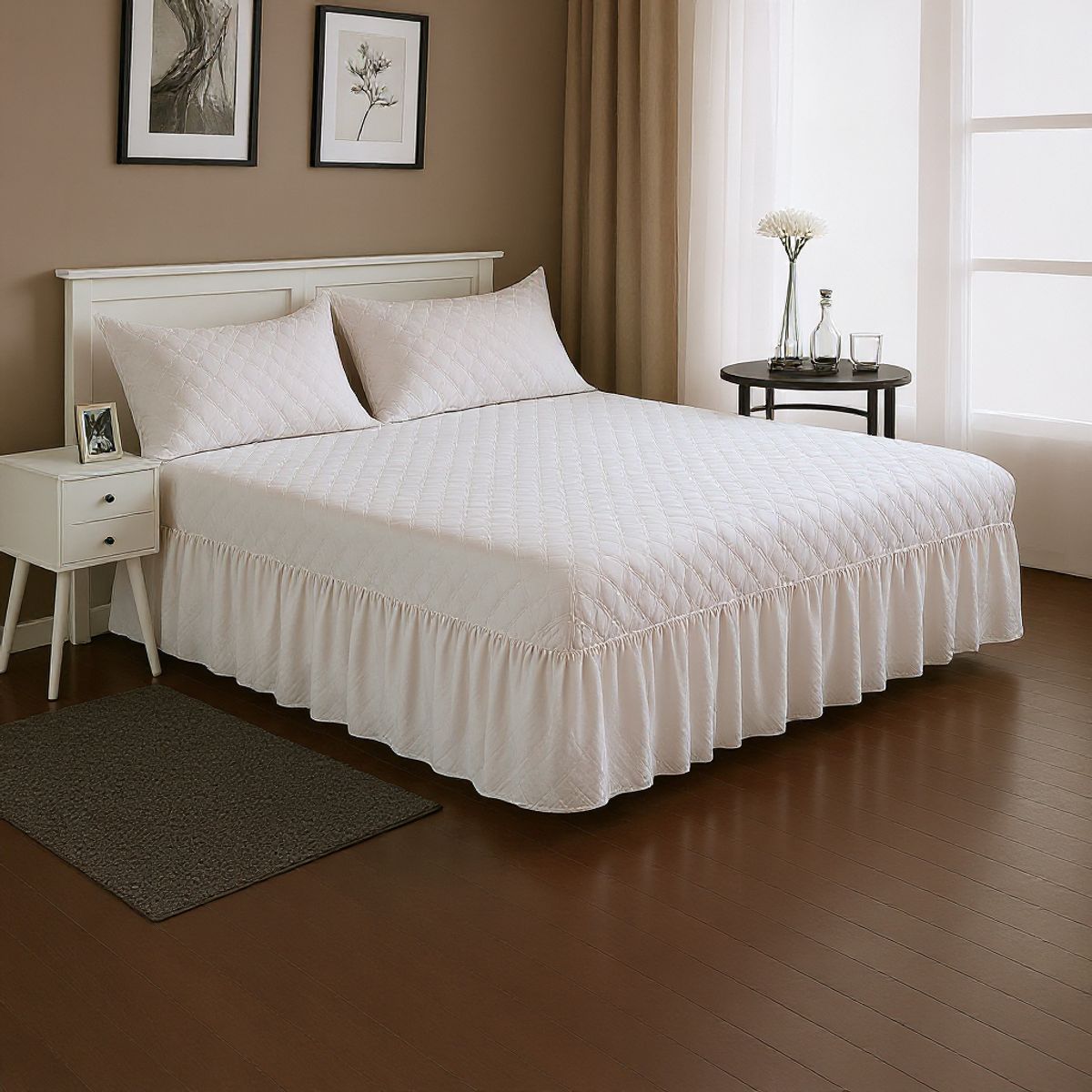 GENERICO - Faldón Doble Blanco Cama 1.5 Plazas +  Funda Lisa