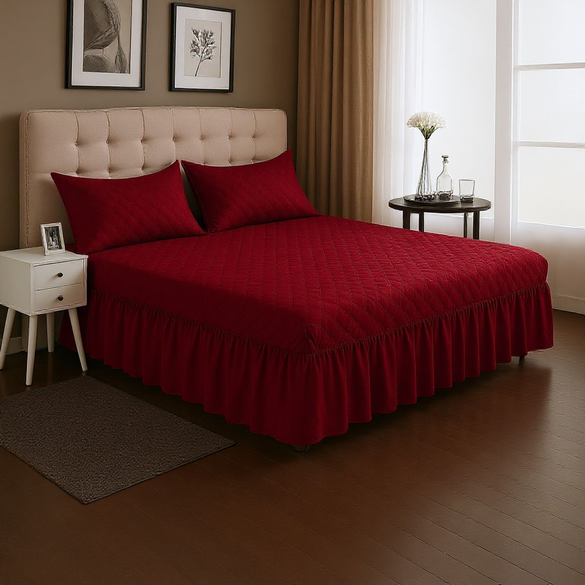 GENERICO - Faldón Doble Burdeo Cama 1.5 Plazas + Funda Lisa