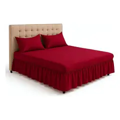 GENERICO - Faldón Doble Burdeo Cama 1.5 Plazas + Funda Lisa