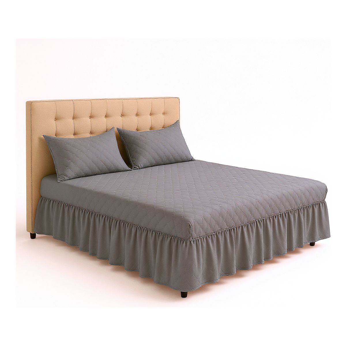 GENERICO - Set Faldón Doble Gris Acolchado  15 Plazas + 2 Fundas