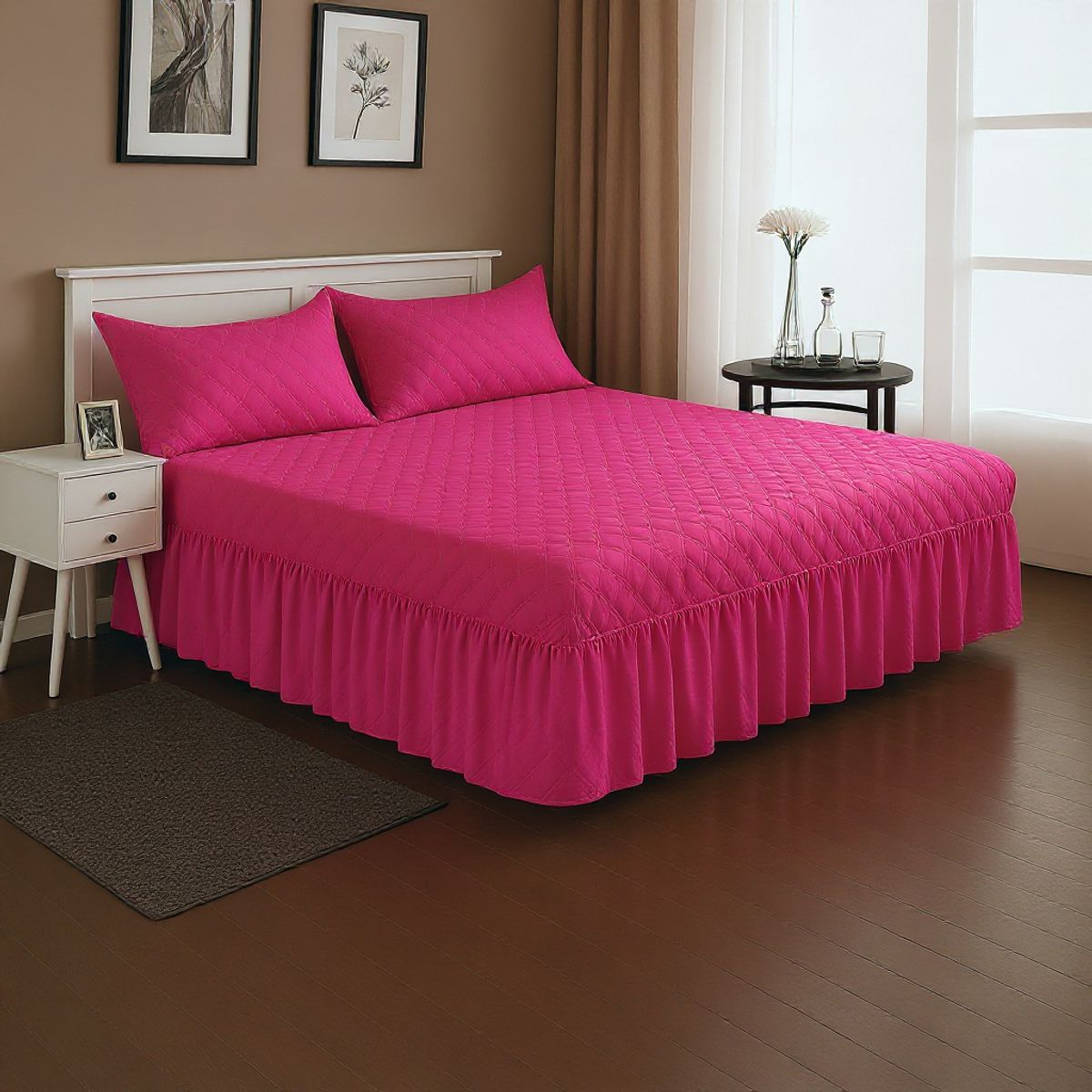 GENERICO - Set Faldón  Doble Fucsia 20 Plazas Acolchado Con Fundas