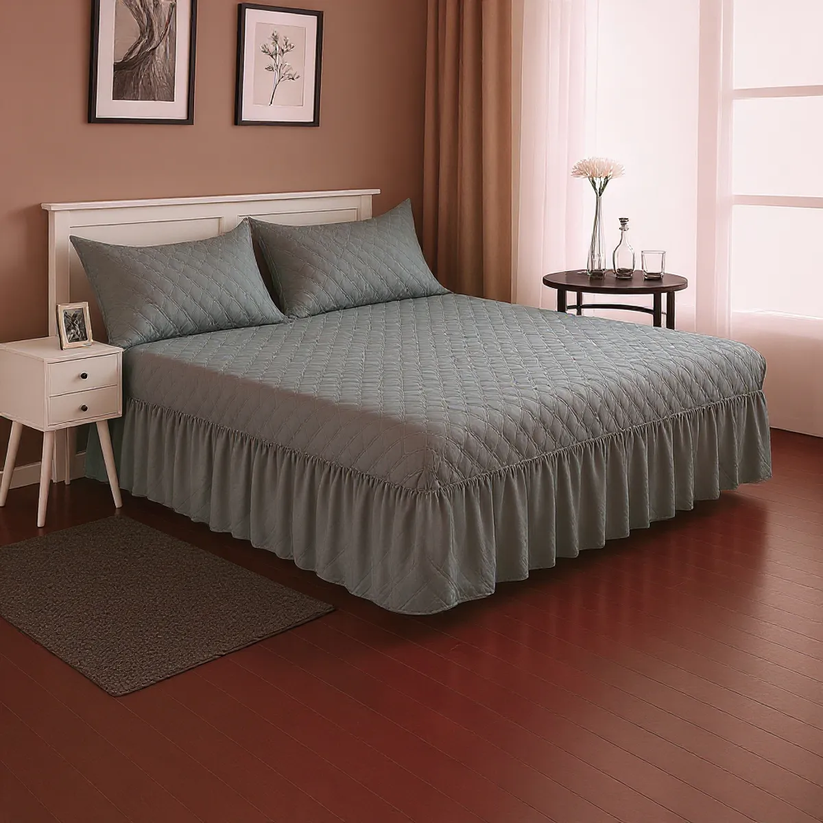 GENERICO - Juego de Faldón Doble Gris Acolchado Cama 1.5 Plazas + Fundas