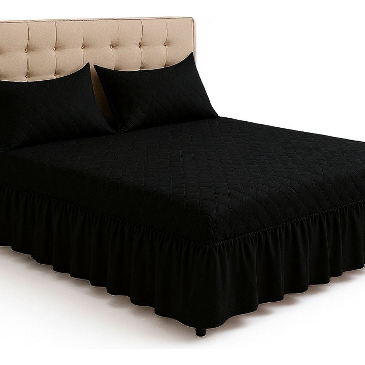 GENERICO - Juego de Faldón Doble Negro Cama 1.5 Plazas + Funda Lisa