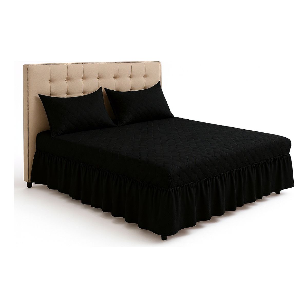 GENERICO - Juego de Faldón Doble Negro Cama 1.5 Plazas + Funda Lisa