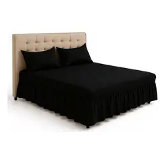 GENERICO - Juego de Faldón Doble Negro Cama 15 Plazas + 2 Fundas Lisas