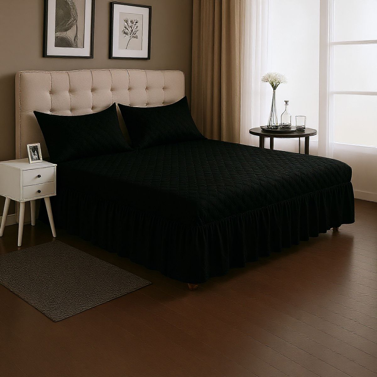 GENERICO - Juego de Faldón Doble Negro Cama 1.5 Plazas + Funda Lisa