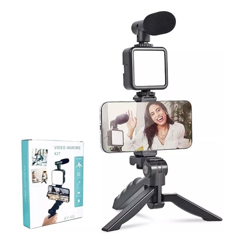 GENERICO - Estabilizador Celular Kit Grabación Trípode Micrófono Led Color Negro
