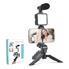 GENERICO - Estabilizador Celular Kit Grabación Trípode Micrófono Led Color Negro