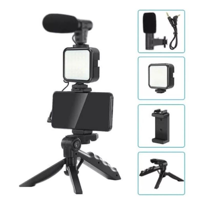 GENERICO - Estabilizador Celular Kit Grabación Trípode Micrófono Led Color Negro