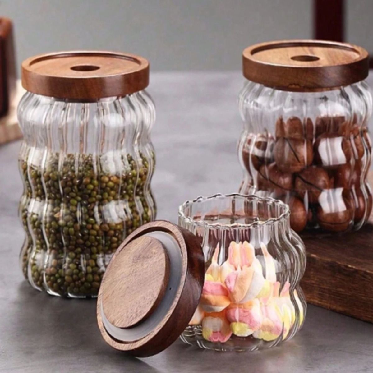 SANTU HOME & DECO - Frascos de Vidrio Tapa Madera y Ondas Set 3un