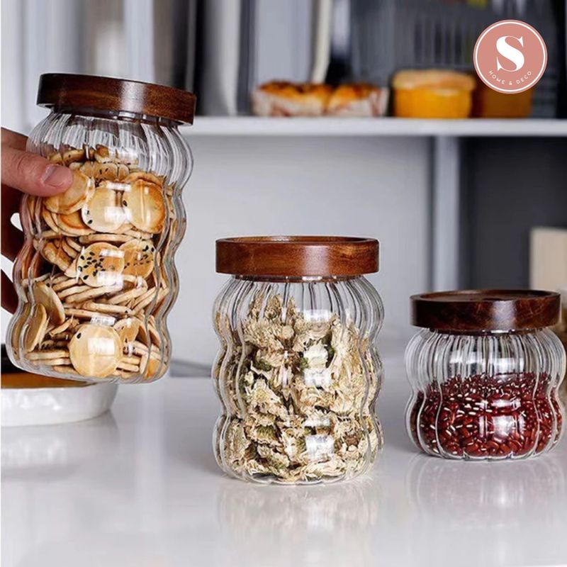 SANTU HOME & DECO - Frascos de Vidrio Tapa Madera y Ondas Set 3un