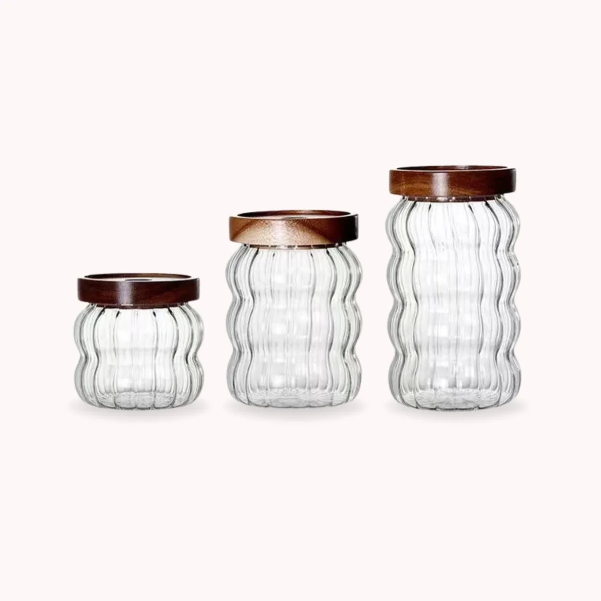 SANTU HOME & DECO - Frascos de Vidrio Tapa Madera y Ondas Set 3un