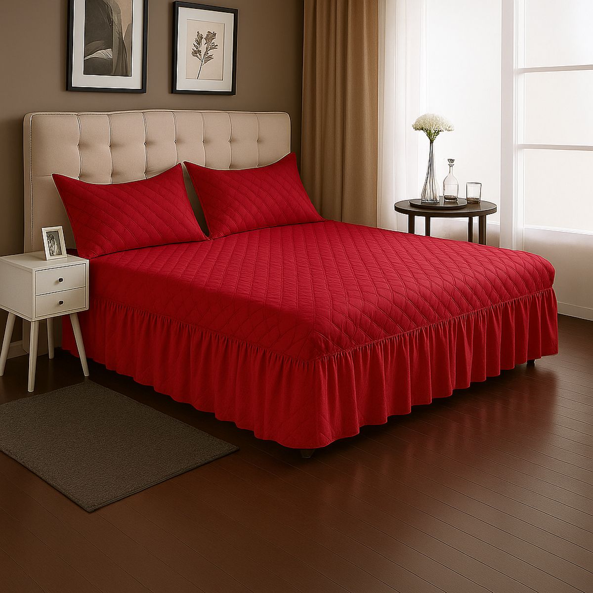 ARMONIA - Faldón Cama Doble Acolchado 2 Plazas Con 2 Fundas Colores