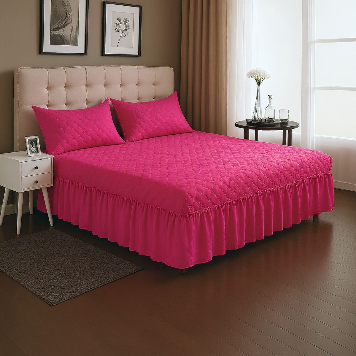 ARMONIA - Faldón Cama Doble Acolchado 2 Plazas Con 2 Fundas Colores