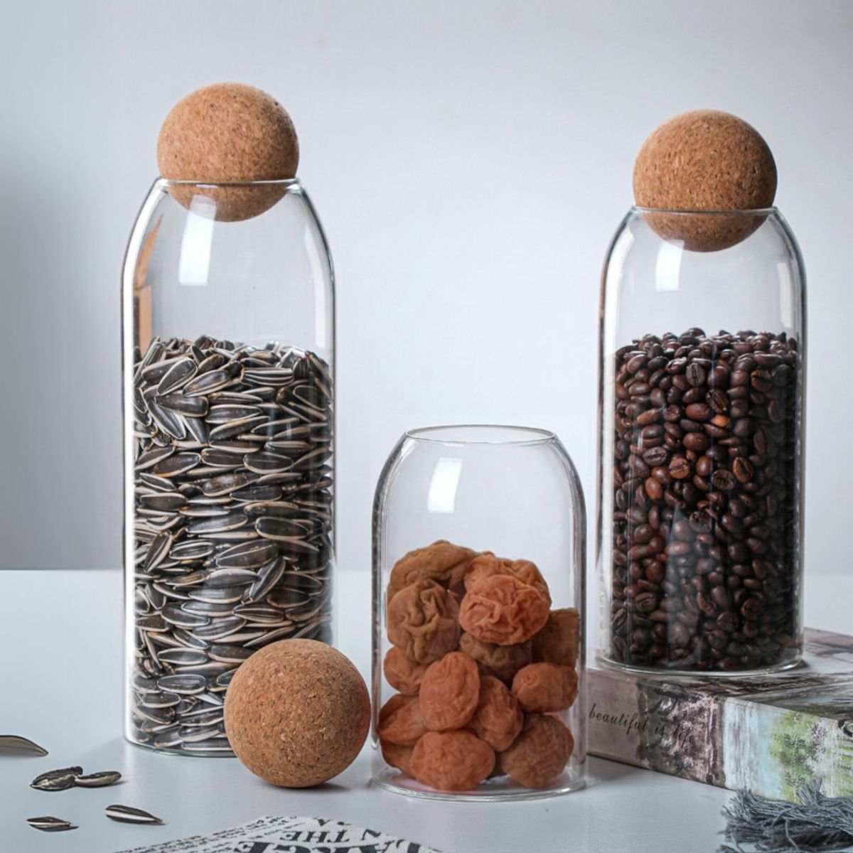 SANTU HOME & DECO - Contenedor de Vidrio y Tapa de Corcho Set 3un