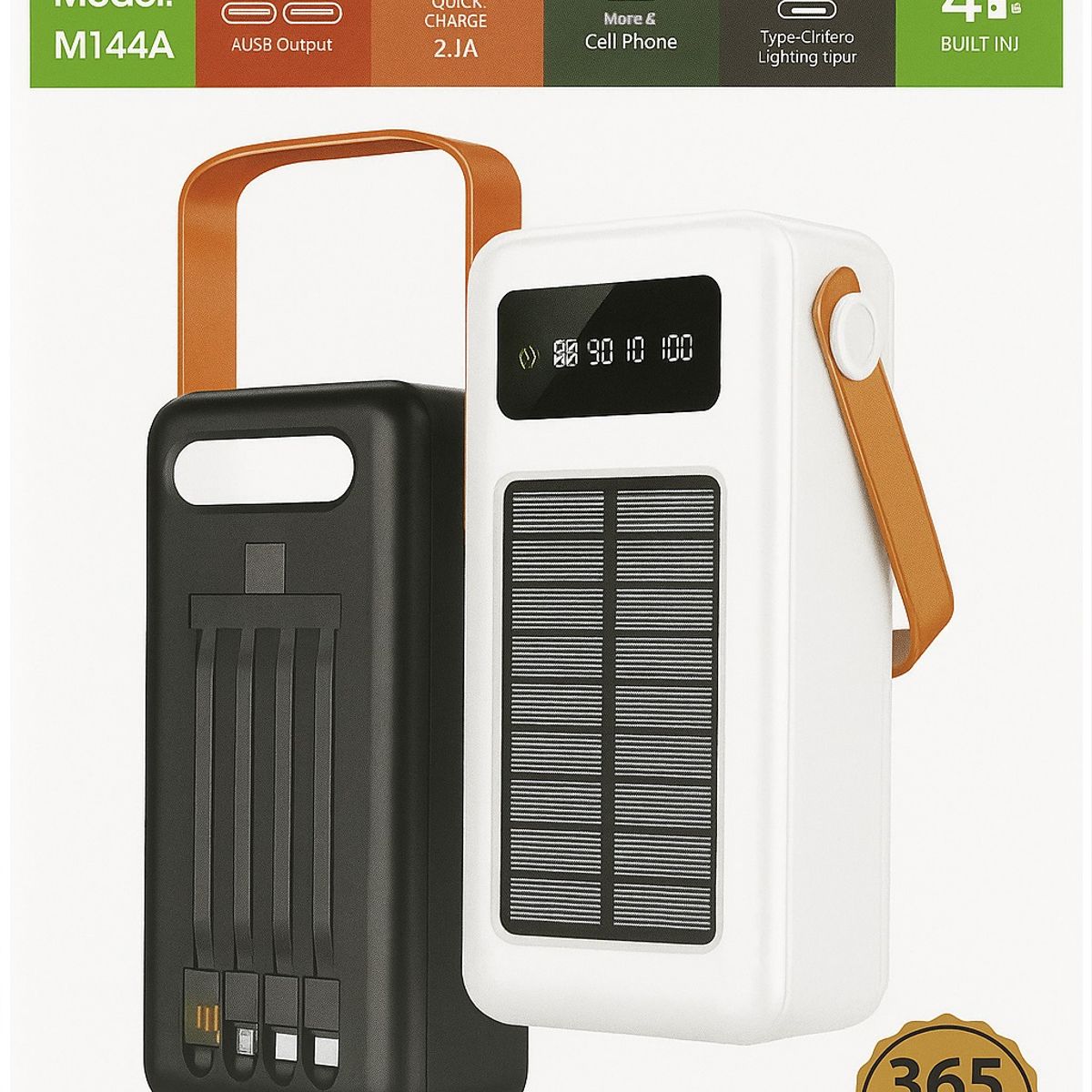 GENERICO - Banco Energía Solar 40000 mAh PowerBank Linterna LED Cables Integrados