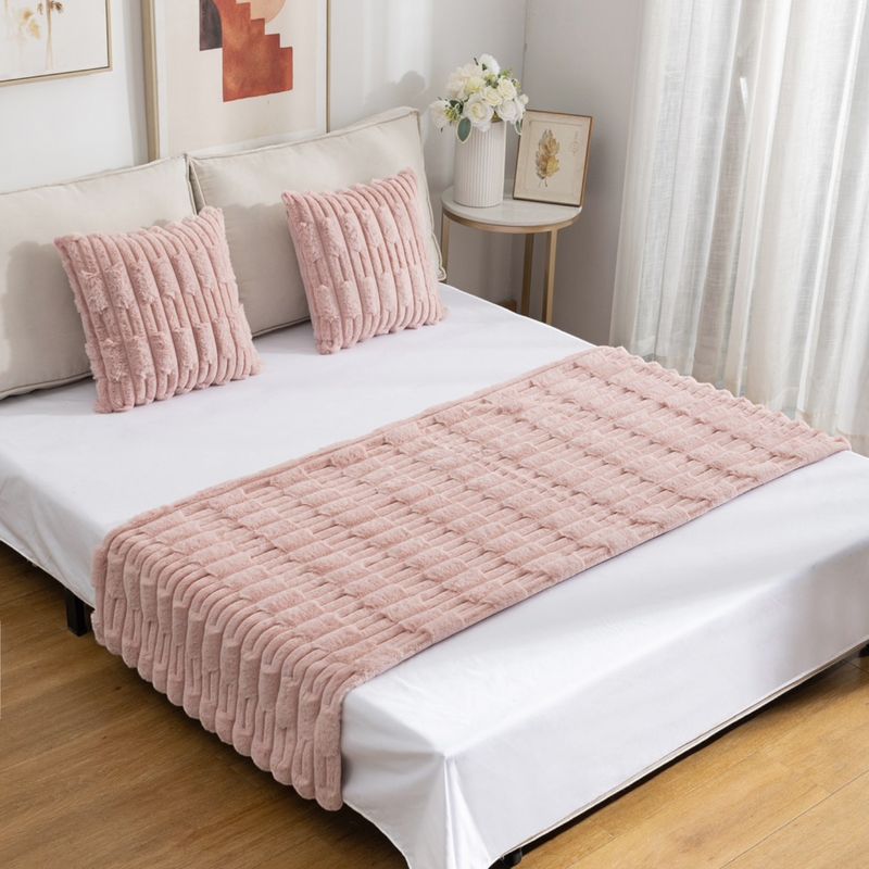 GENERICO - Set De Piecera Peluda De Bambú 70 X 210 +2 Fundas Rosado