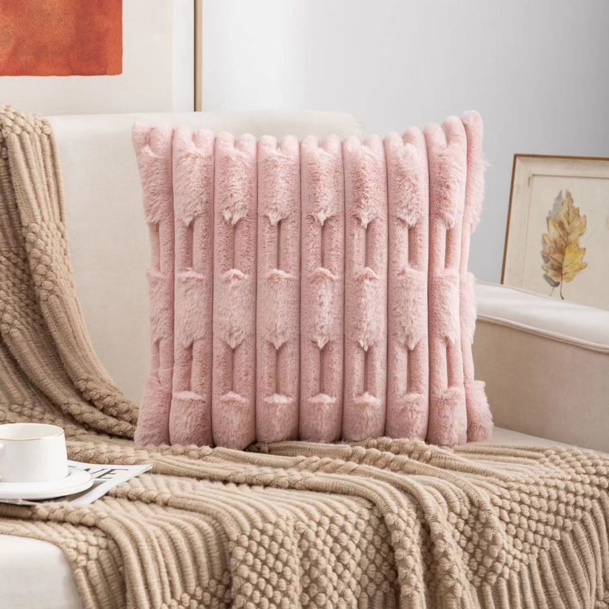 GENERICO - Set De Piecera Peluda De Bambú 70 X 210 +2 Fundas Rosado