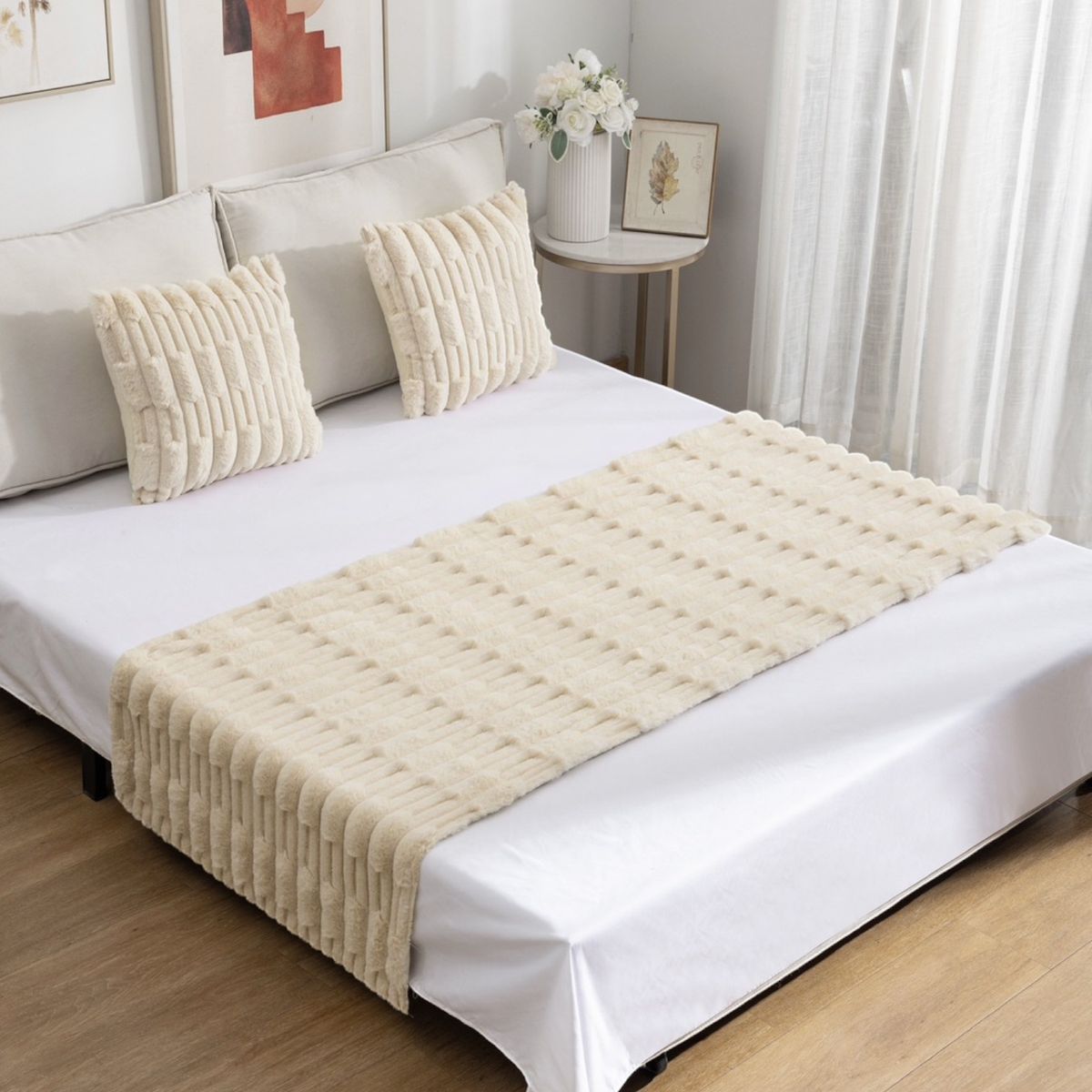 GENERICO - Set De Piecera Peluda De Bambú 70 X 210 +2 Fundas Beige