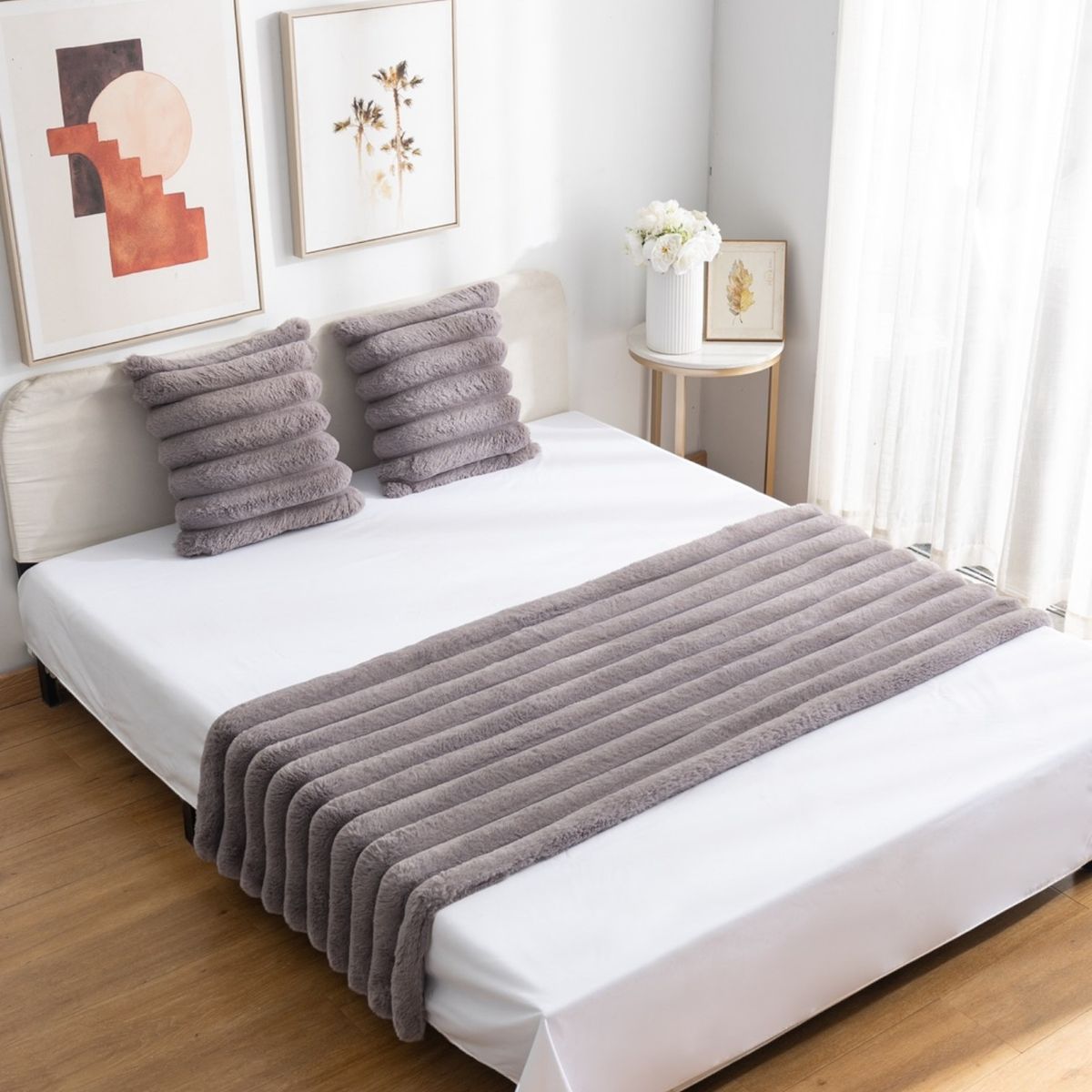 GENERICO - Set De Piecera Peluda Premium 70 X 210 +2 Fundas Gris