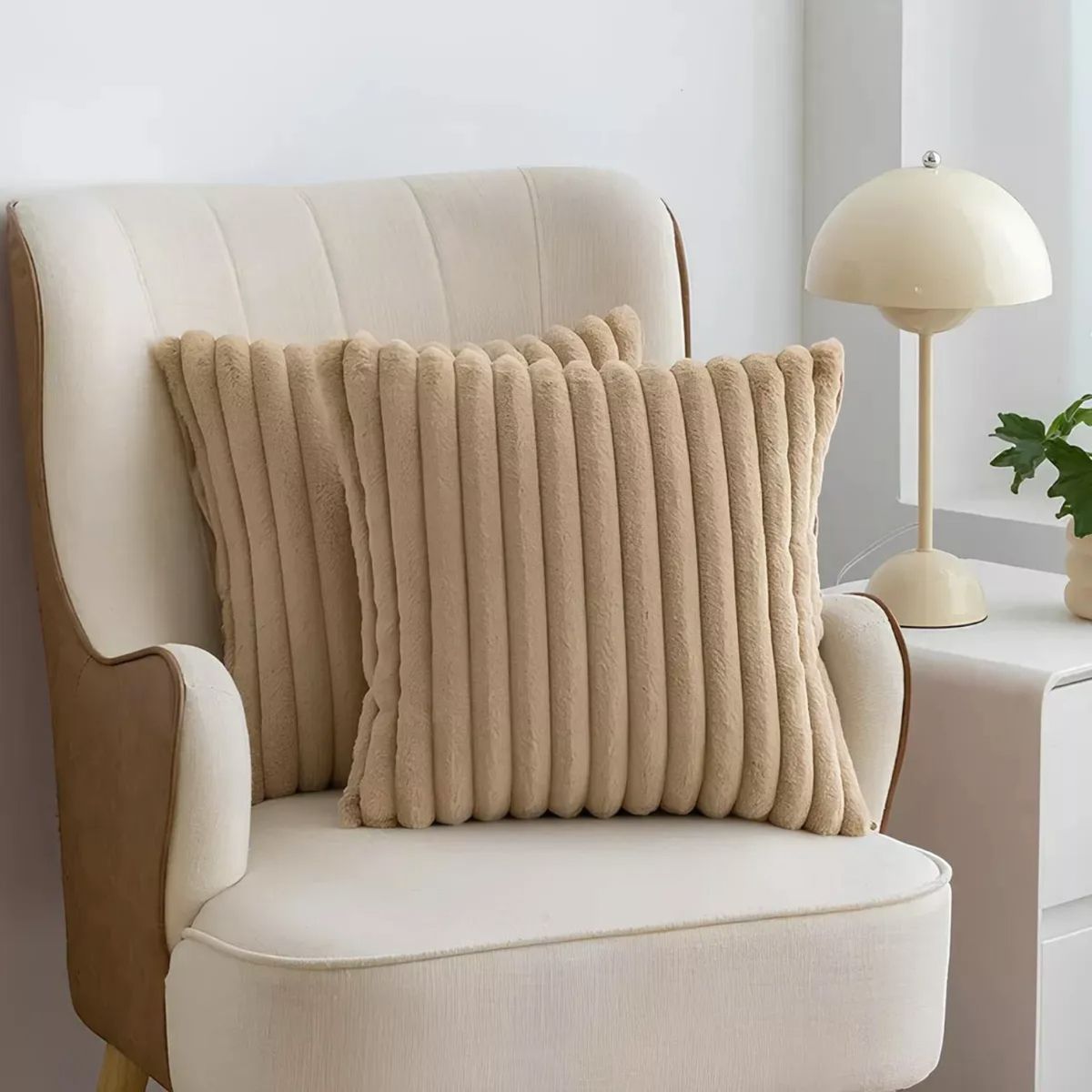 GENERICO - Set De Piecera Peluda Premium 70 X 210 +2 Fundas Caqui