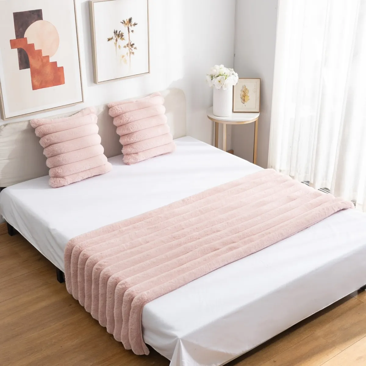 GENERICO - Set De Piecera Peluda Premium 70 X 210 +2 Fundas Rosado