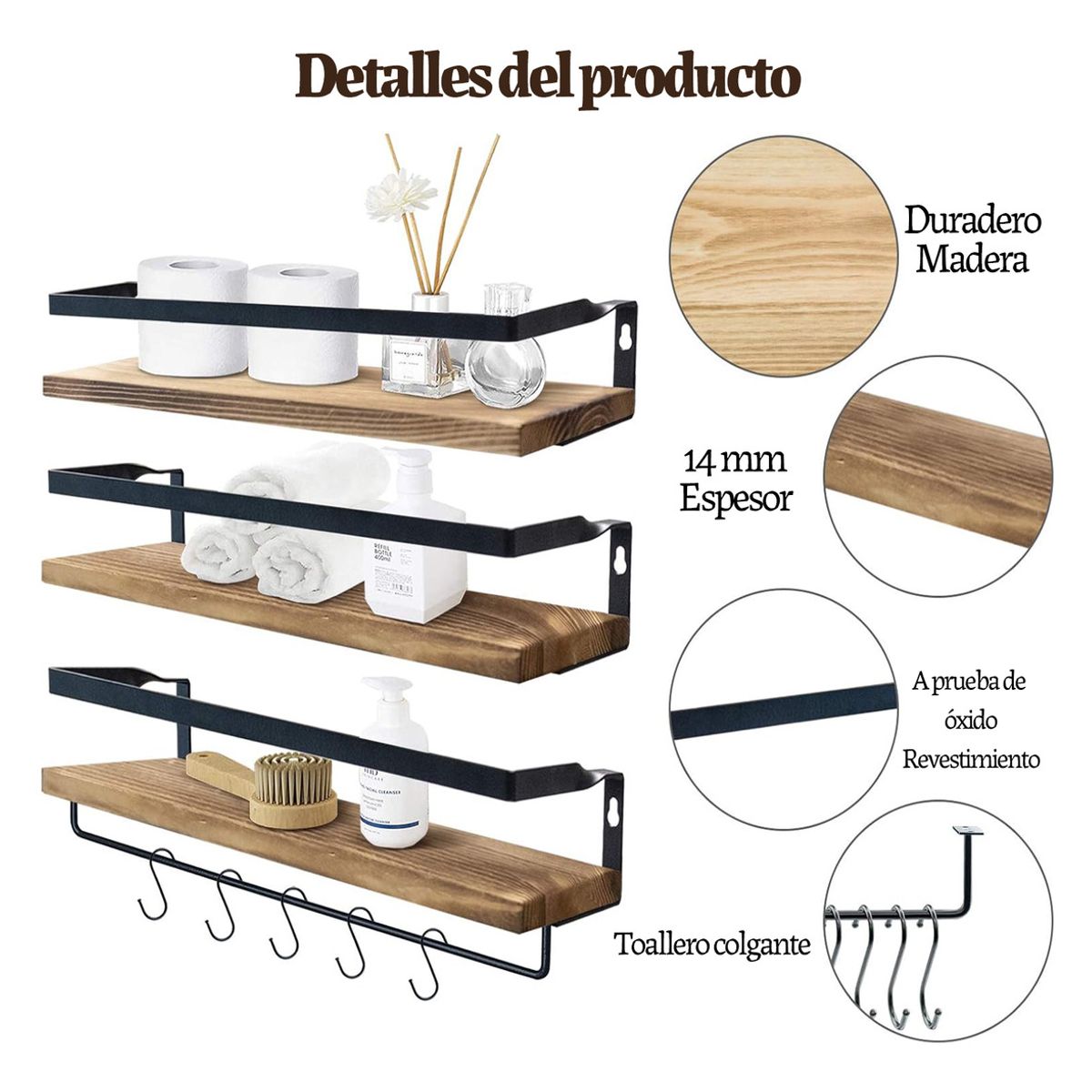 GENERICO - 2 Piezas De Repisas Flotantes Para Pared Con Toallero-Marrón