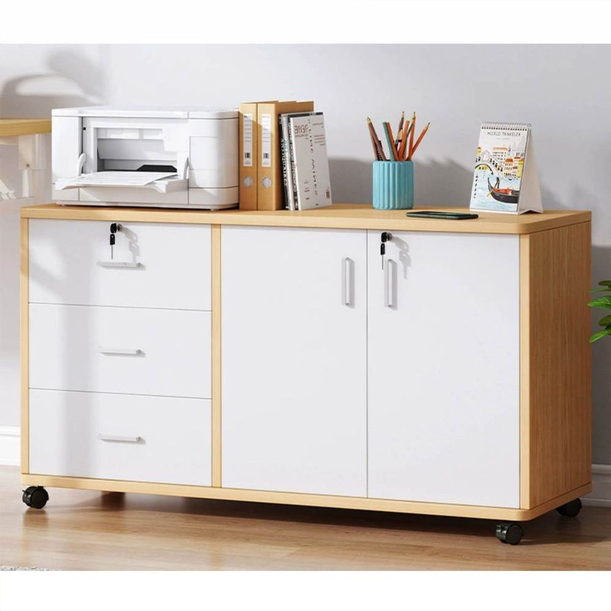 MUNDO MAGIA - Cajonera Oficina Archivador Gabinete Con Llave Ruedas Blanco