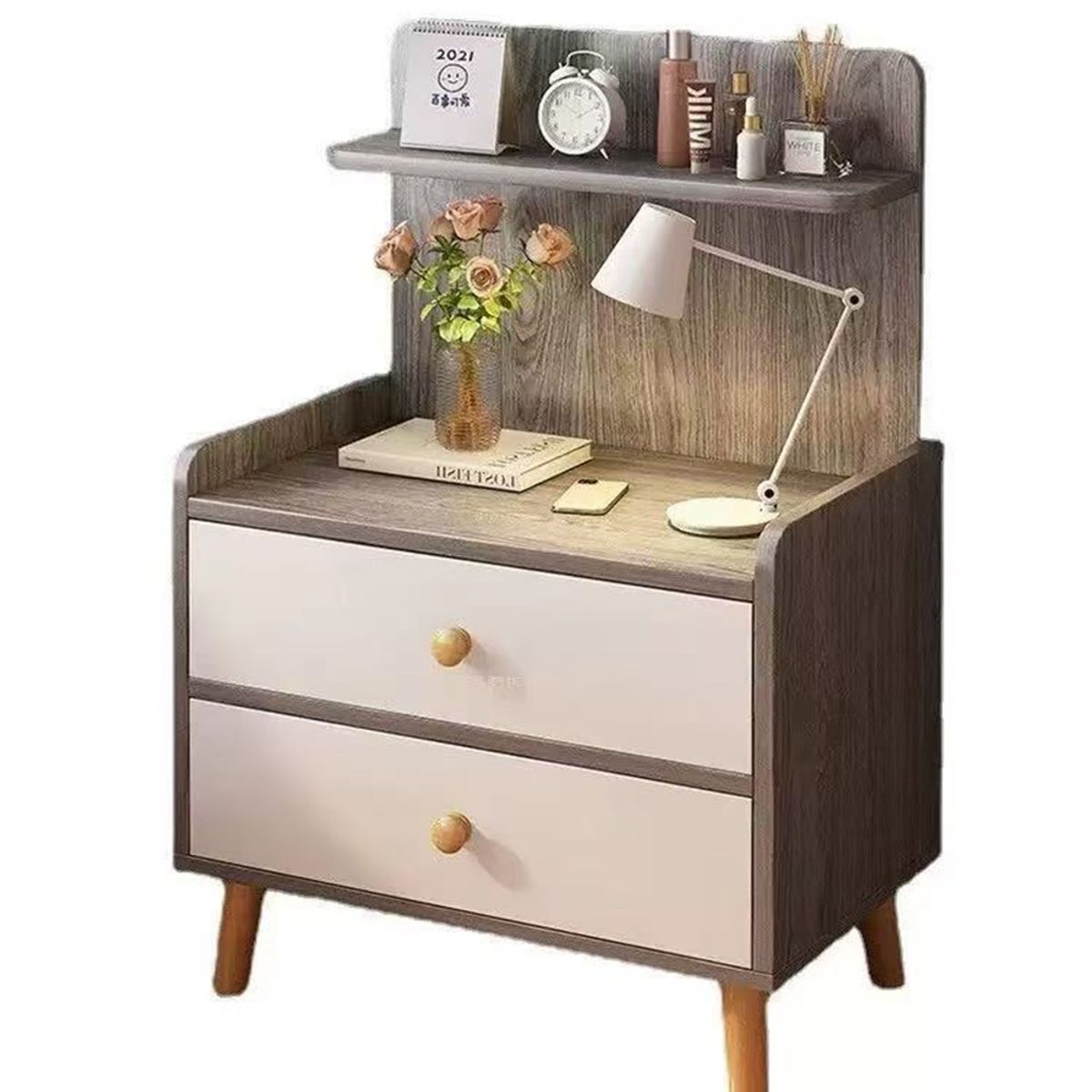 MUNDO MAGIA - Velador Con 2 Cajones Mesa De Noche Color Gris Multiuso