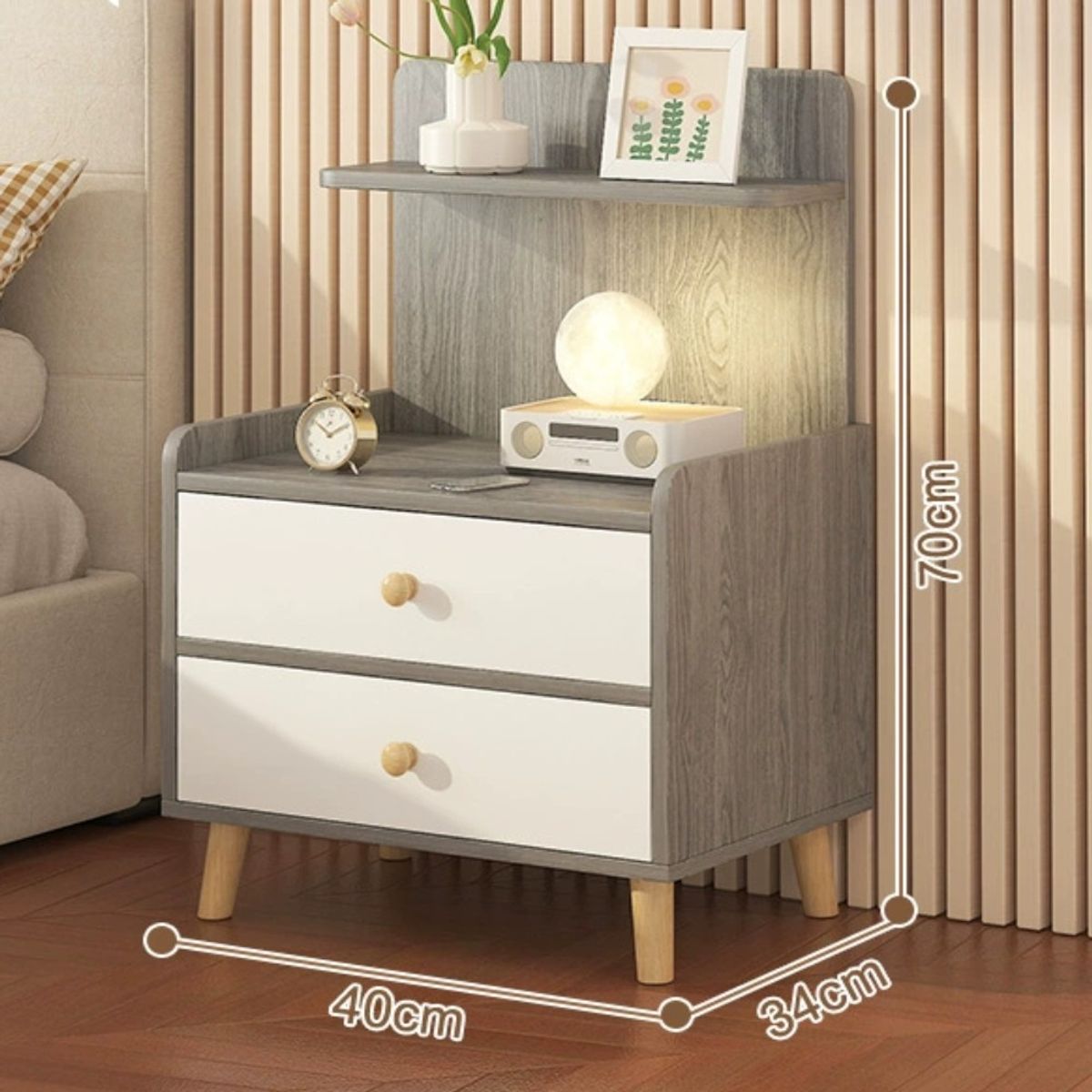 MUNDO MAGIA - Velador Con 2 Cajones Mesa De Noche Color Gris Multiuso