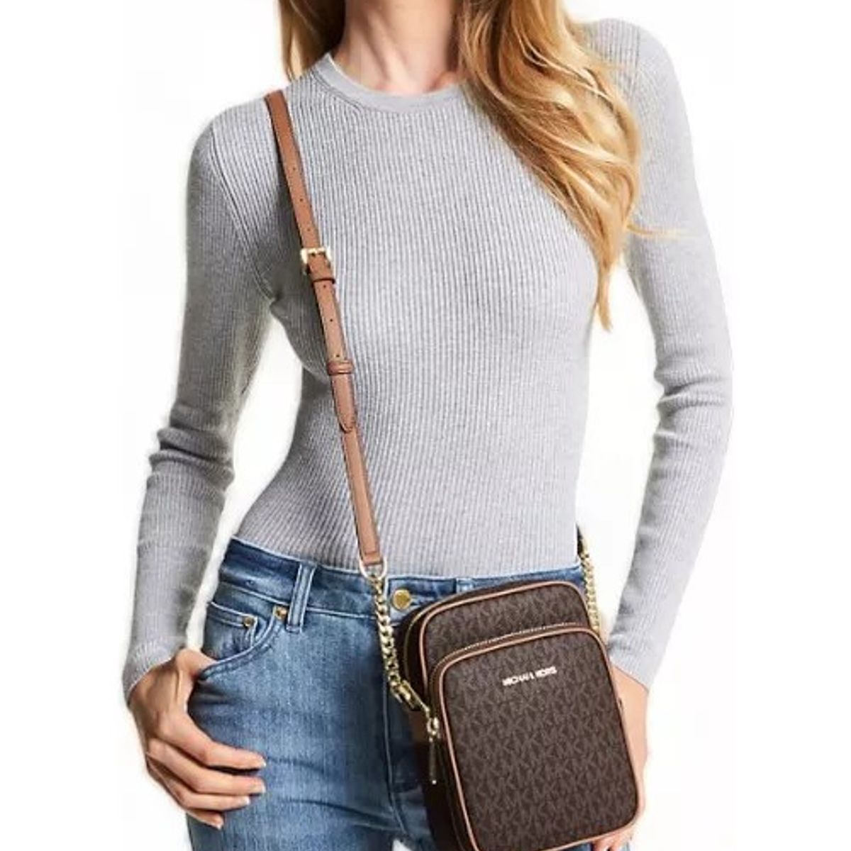 MICHAEL KORS - Crossbody Micheal Kors Jet set travel Chain Xbody logotipo cafe