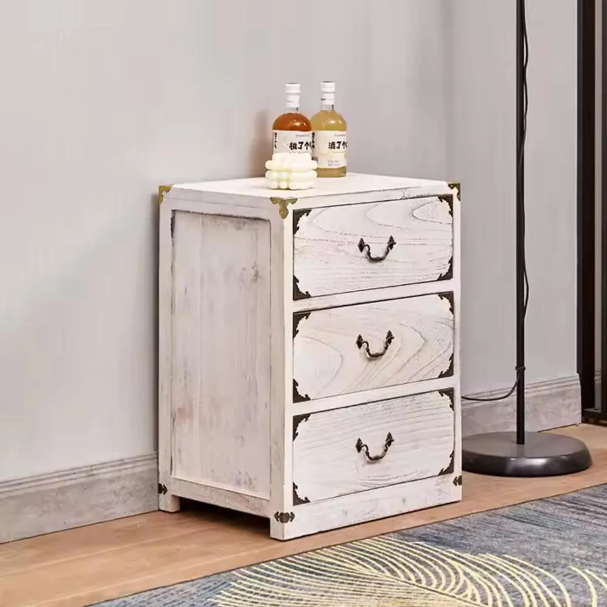 ITAHOME - SET VELADOR DORMITORIO LUPE 3 CAJONES BLANCO RUSTICO