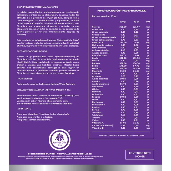 DNA - Proteína Dairy Whey DNA® – Sabor Manjar Sin Edulcorante – Pote – 1 Kilo