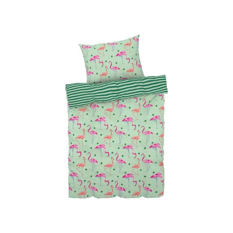 GENERICO - Cubre plumón y funda de cojín 1 plaza FLAMENCOS REVERSIBLE 135x200cm