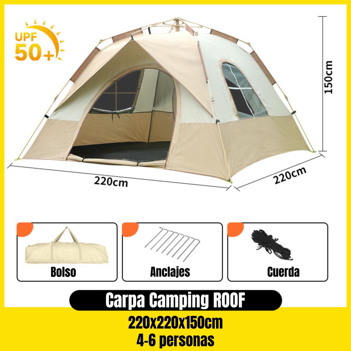 LUBABYCAS - Carpa Camping Automática 6 Personas Accesorios Roof Café
